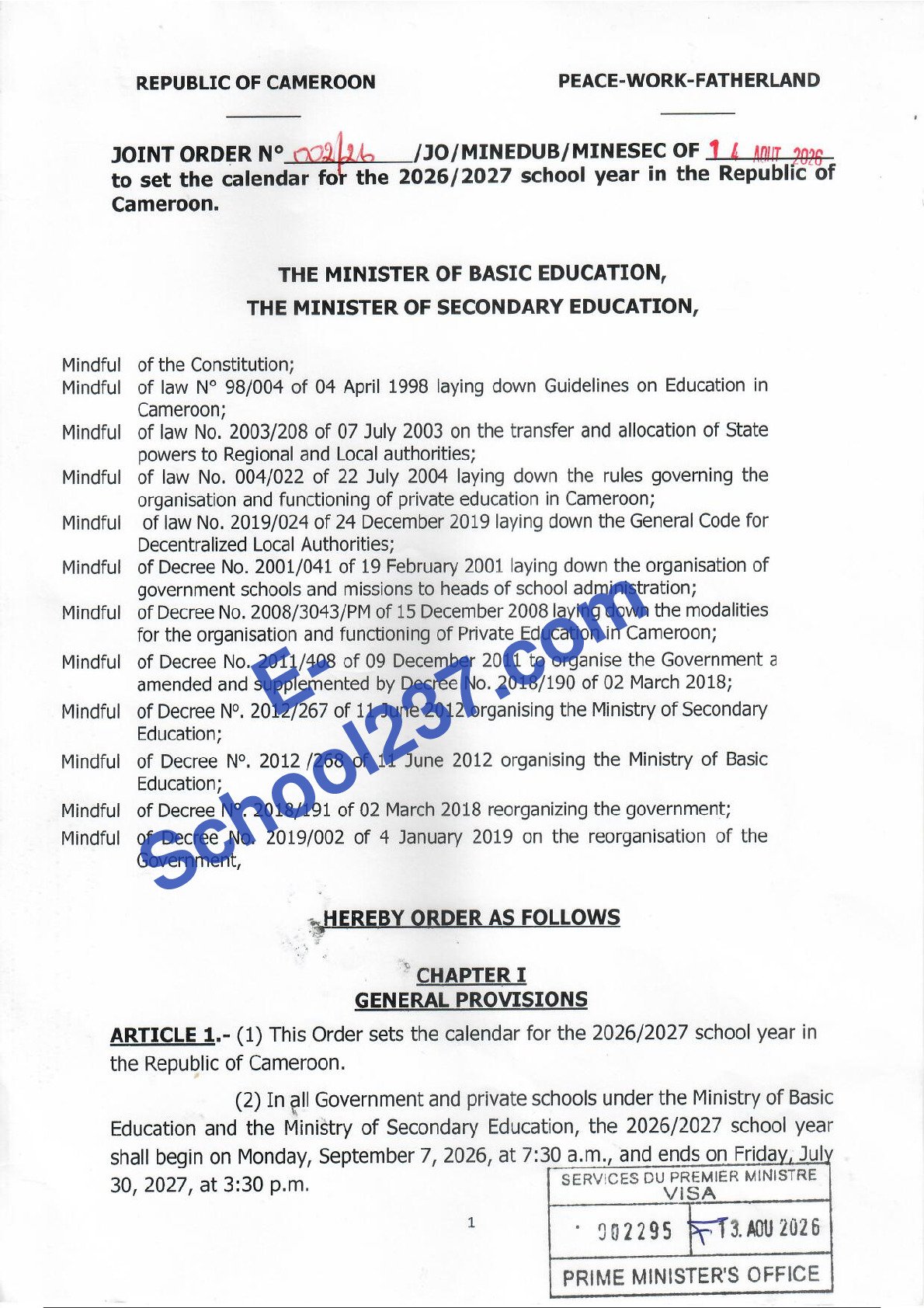 Calendrier scolaire 2026/2027