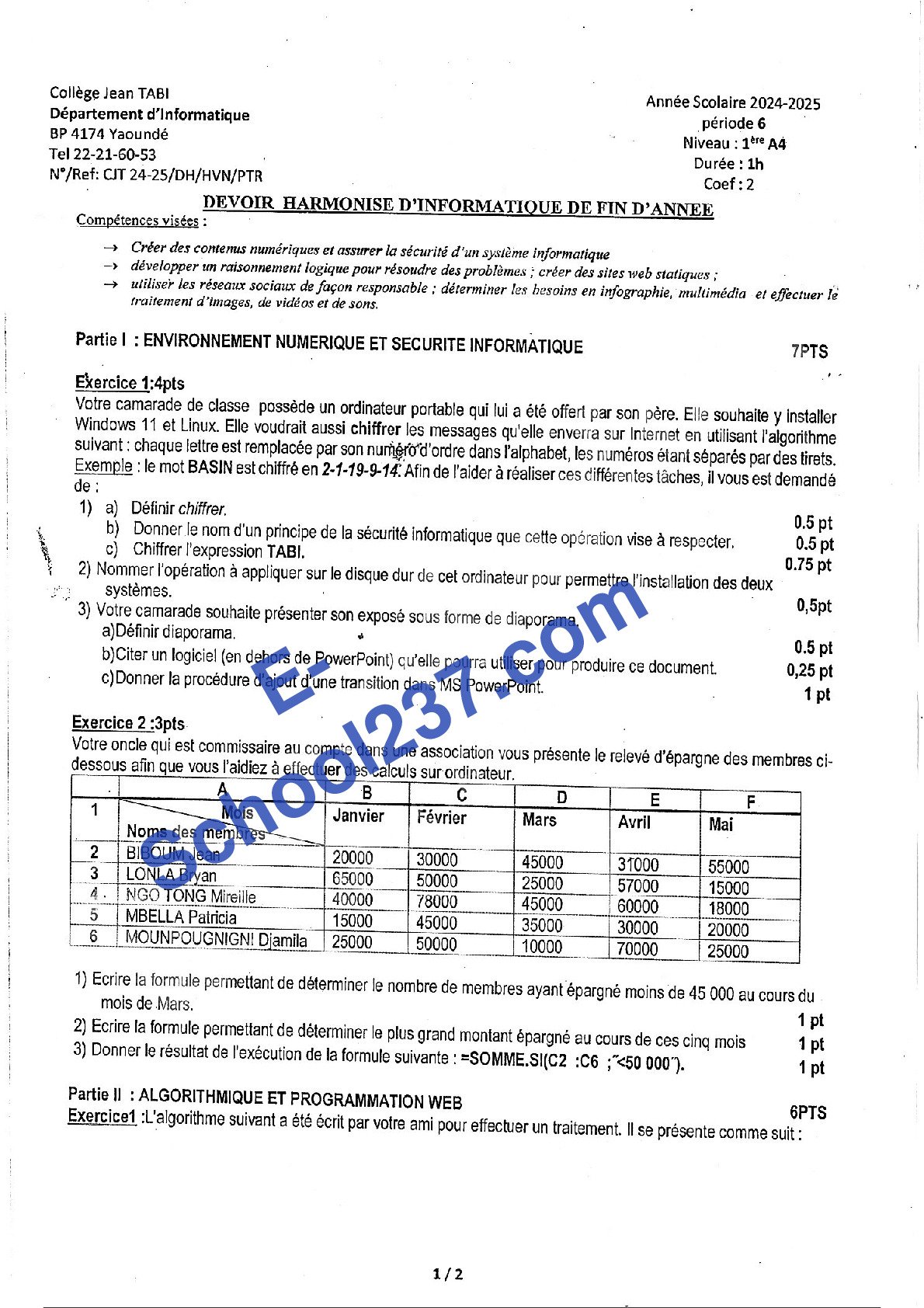 Informatique_1ere_A4_Devoir_Harmonise_Fin_Annee_College_Jean_Tabi_2024_2025_E-School237.
