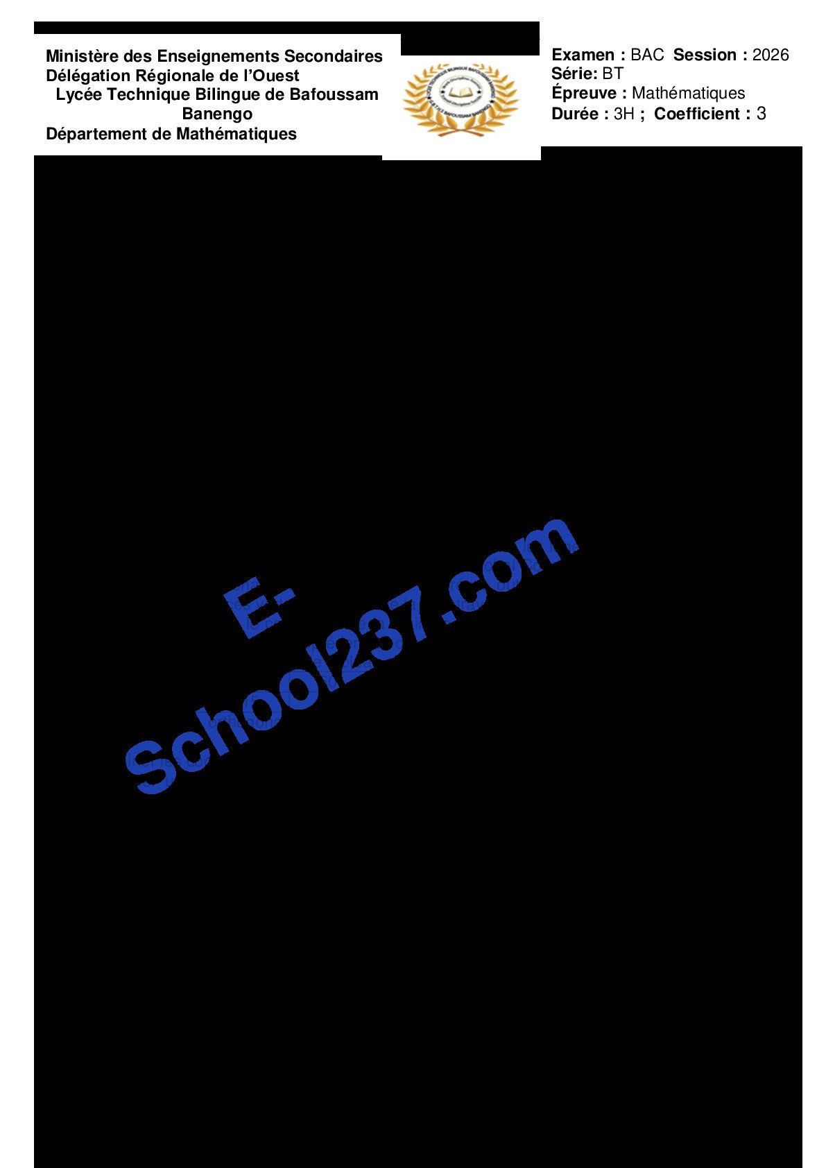 BAC LANC BT 2026 LT BILINGUE DE BAF MATHS