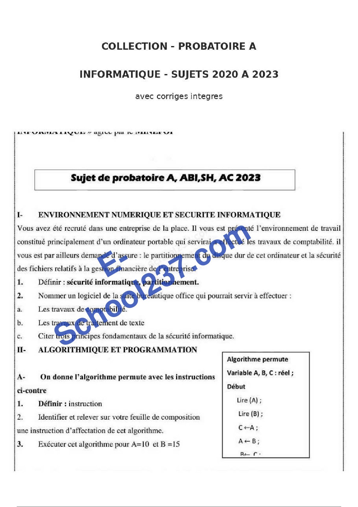 Informatique_1ere_A_Collection_Probatoires_2020_2 et corrigés